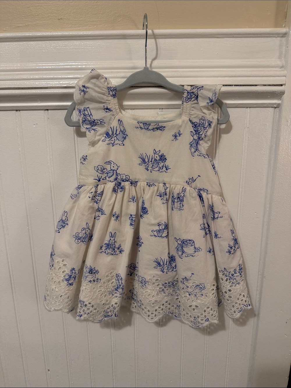Girls Cream Dress with Blue Peter Rabbit Print and Eyelet Hem size 6-12mo.